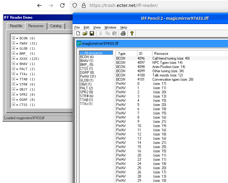 IFF Reader (Green) and IFF Pencil 2 with the same IFF file opened, showing how Reader (Green) includes more resources from the file than Pencil